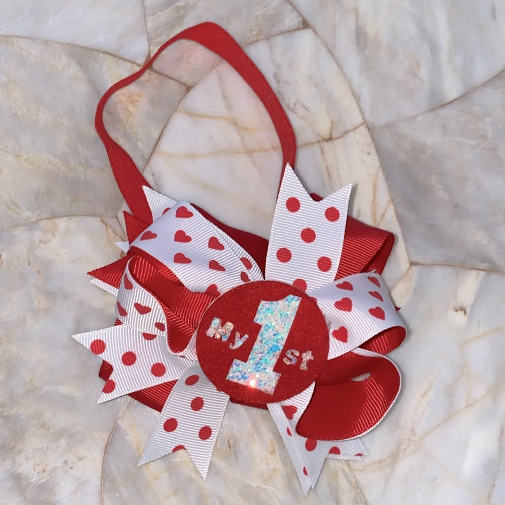 Girls Red White My‎ 1st Birthday Bow Headband Polka Dot Heart Princess Accessory